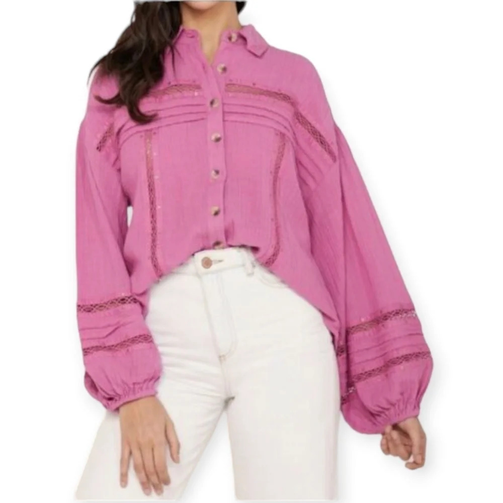 Free People Summer Stars Slub Cotton Puff Sleeve Crochet Trim Blouse Pink XS